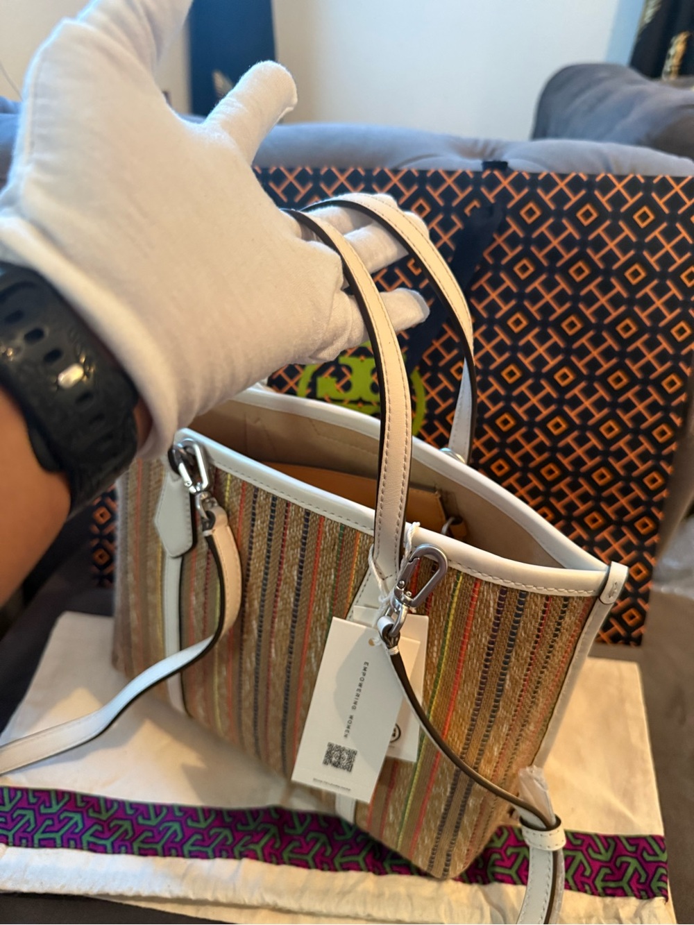 NWT Tory Burch Small Perry Striped Raffia Tote - Picture 9 of 14
